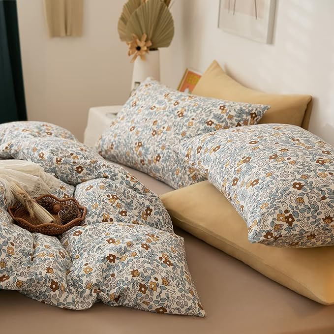 EAVD Vintage Style Garden Botanical Floral Duvet Cover Queen Soft 100% Jersey Knit Cotton Floral Bedding Set for Girls Women with 2 Pillowcases Reversible Comforter Cover with Zipper Closure,Adult