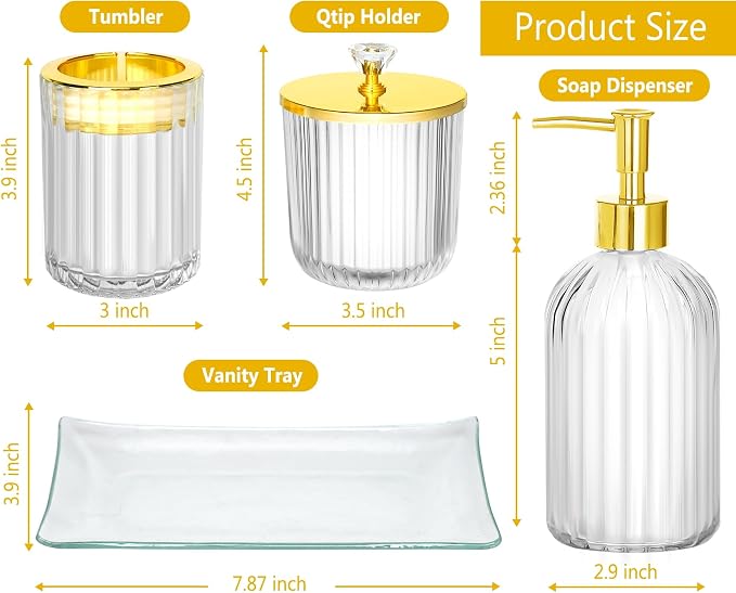 Bathroom Accessories Set, 4Pcs Clear and Gold Glass Bathroom Accessories Sets Complete w/Lotion Soap Dispenser, Toothbrush Holder, Apothecary Jar, Vanity Tray, Bathroom Decor