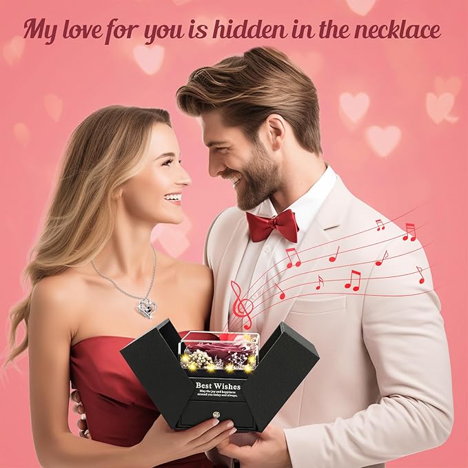 Christmas Birthday Gifts for Women - Preserved Real Rose with I Love You Heart 100-Language Necklace, LED Lights & Music Gift Box, Christmas for Women Girlfriend Mom