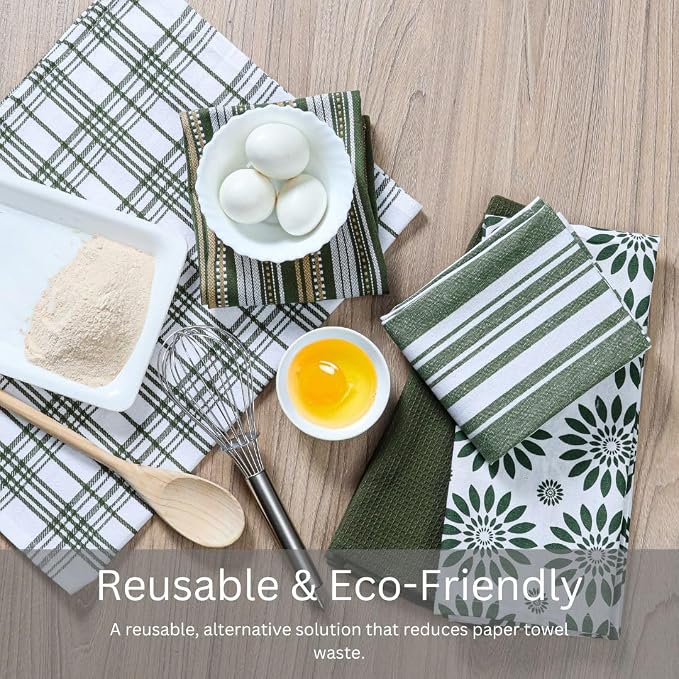 WeWove Assorted Kitchen Towels Set of 5-100% Cotton Dish Cloths Towels with Hanging Loop - Soft Absorbent Washable Reusable for Kitchen Use - Quick Drying 16x26 inch Dish Towels Green