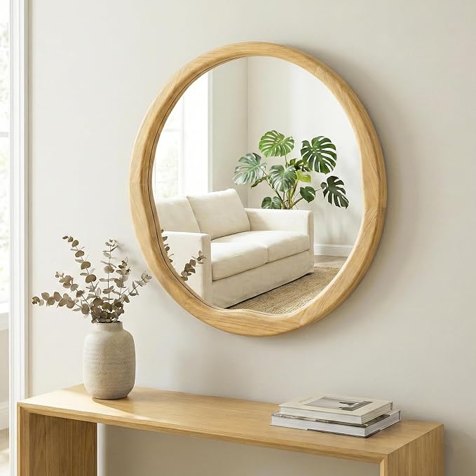 Natural Wood Round Wall Mirror 30 Inch, Large Solid Wood Framed Mirror with Wavy Inner Edge for Bathroom Vanity, Living Room & Organic Boho Decor