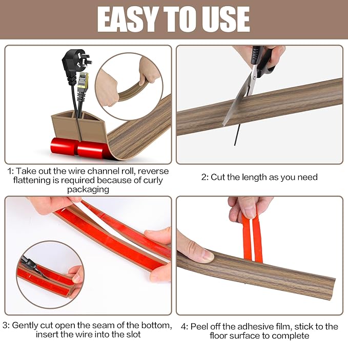 Floor Cord Cover Cavity 0.8"x0.37" Self Adhesive Cord Hider, 10FT Low Profile Cable Management, Extension Strip Protector for Wires, Prevent Cable Trips for Offices, Gyms,(Wood Smoked Brown)