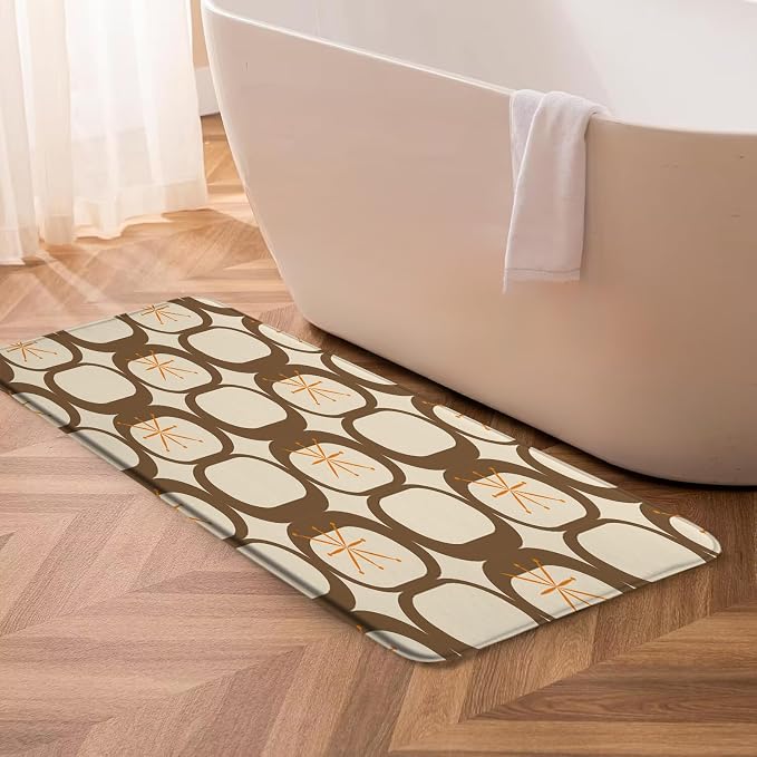 Mid Century Modern Bath Mat Abstract Atomic Geometric Retro 1950s Brown Bathroom Kitchen Toilet Rugs,24x71 Inch