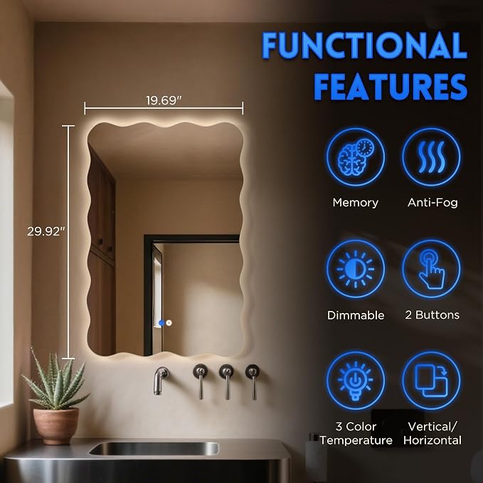 Wavy Led Bathroom Mirror- Vanity Mirror with Lights IP54 Enhanced Anti-Fog, 20"x30" Single Piece 3 Colors Dimmable, Memory,Tempered Glass,UL Listed