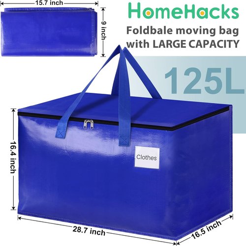 HomeHacks Heavy-Duty Moving Bags - Collapsible Storage Totes with Strong Zippers & Handles | 125L, 8-Pack, Blue