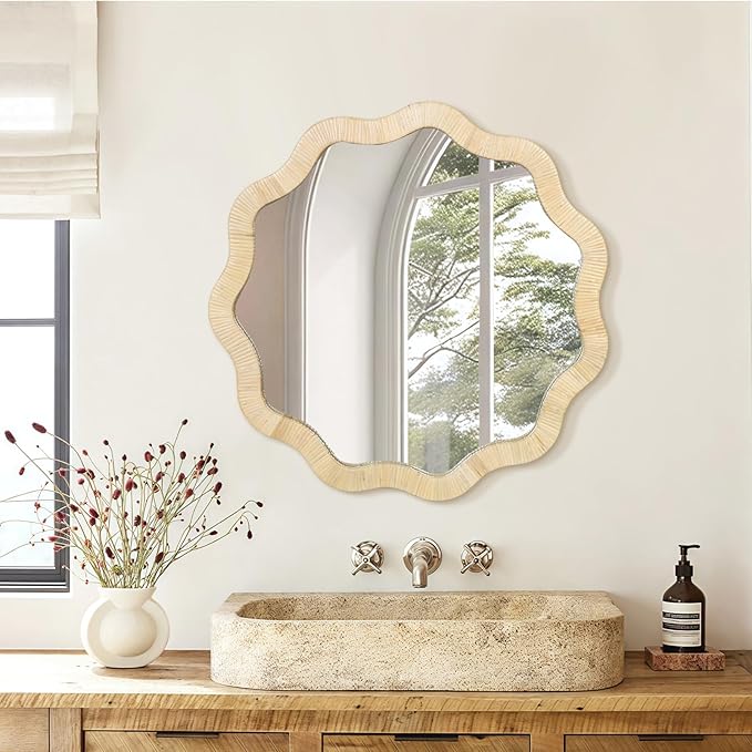 ULIKE Rattan Wicker Mirror for Bathroom, 30 Inch Boho Woven Decorative for Wall, Rustic Farmhouse Vanity Mirror, Geometric Scalloped Rattan Mirrors for Living Room Entryway Bathroom Bedroom