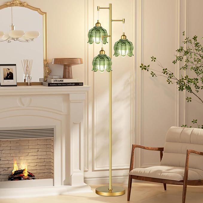 ZECOXOL Vintage Floor Lamps for Living Room Bedroom-3 Light Glass Floor Lamp with Three Led Bulb, Modern Mid Century Standing Lamp Brass Tall Lamp Gold Tree Floor Lamp for Bedroom Corner