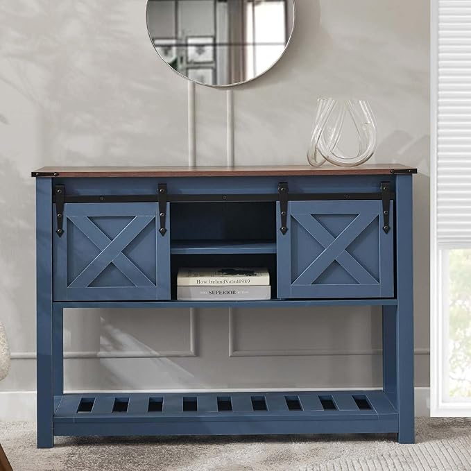 Farmhouse Living Room Table Set of 3, 2 Rustic End Table with Charging Station and 1 Sofa Table with Large Hidden Storage, Farmhouse Sofa Table Set for Living Room, Office, Blue