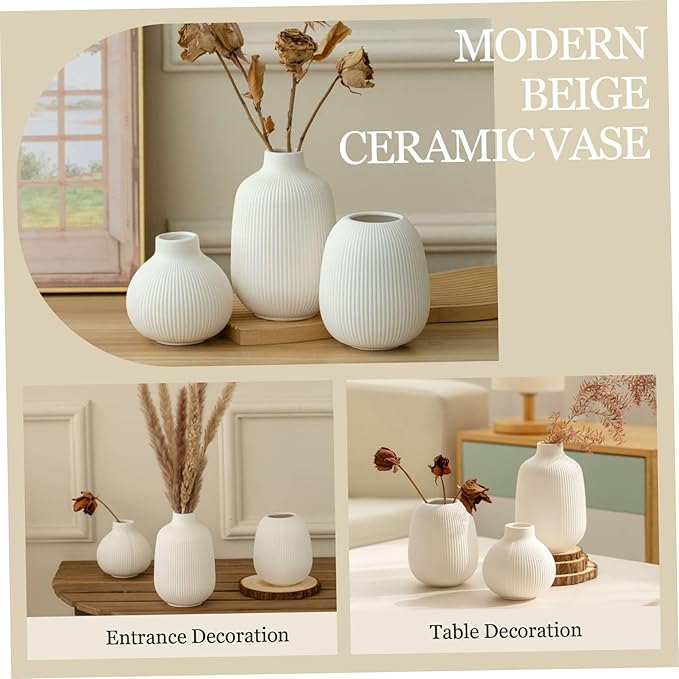 3Pcs Ceramic Vases, Ribbed Vase Set, Minimalist White Home Decor for Farmhouse, Coffee Table, Bookshelf Ceramic Vase