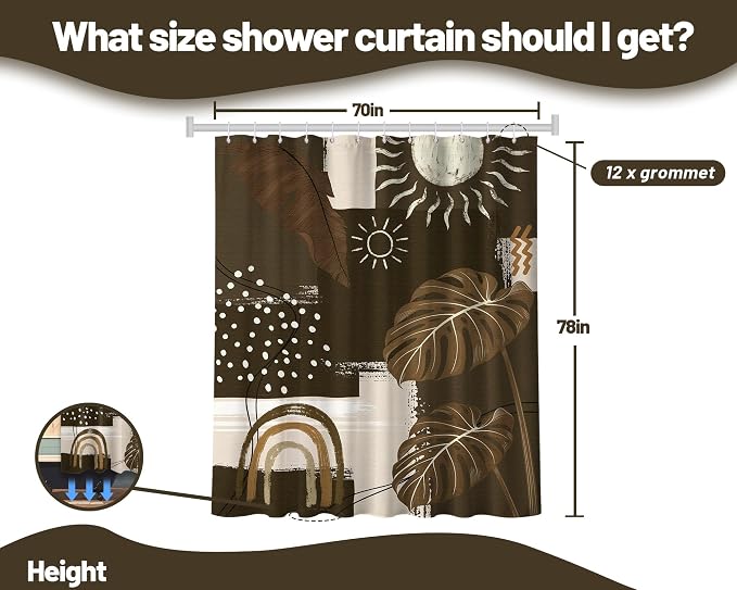 Dark Brown Mid Century Modern Shower Curtain Boho Abstract Khaki Earth Tone Shower Curtains for Bathroom Decor Sets, Waterproof Cloth Fabric with Hooks, 70 x 78 Inch