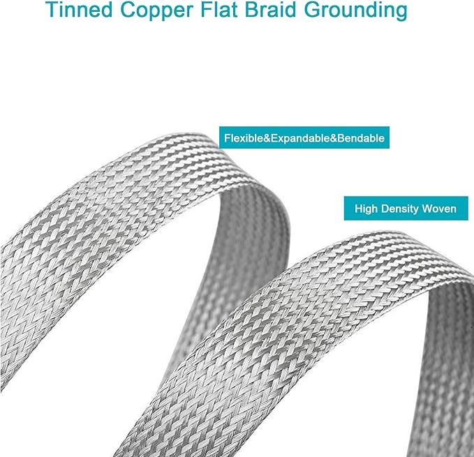 Cable Shielding Sleeve EMI RFI Shielding Tinned Copper Braid Wire Sheathing Metal Grounding Strap Mesh ESD Protection Flat Expandable Flexible (3/4" W(0.48" ID)-20FT)
