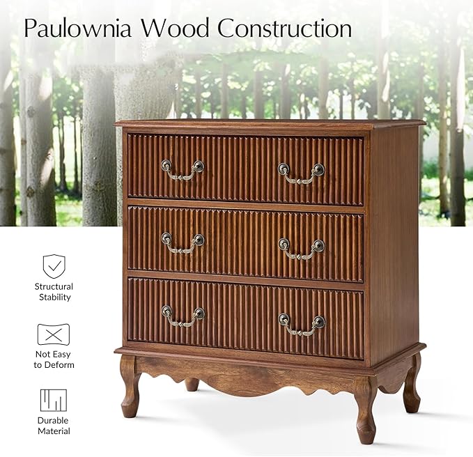 HULALA HOME Transitional Side Table Set of 2 with 3 Drawers and Charging Station, 28" Solid Paulownia Wood Sidetable with Vertical Stripe, Cherry