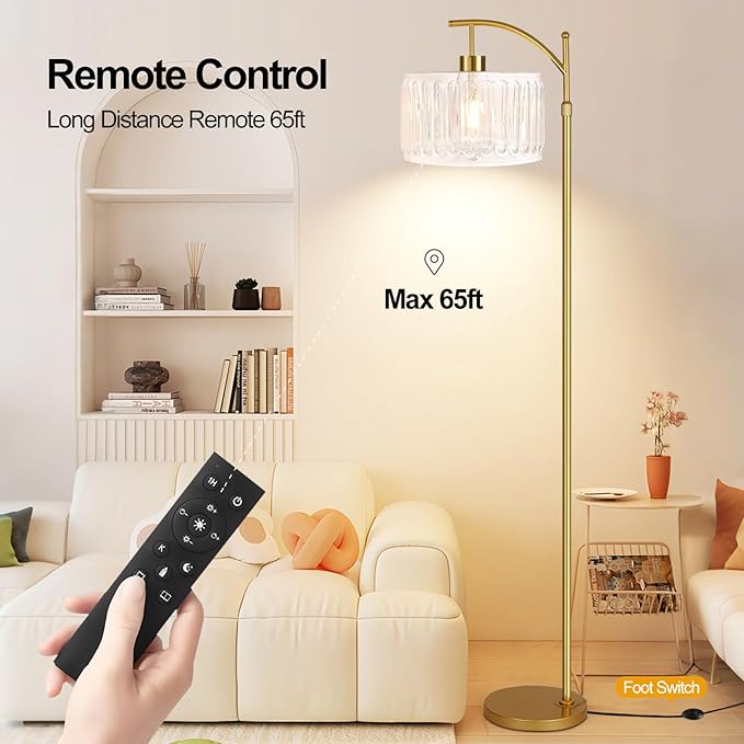 QIYIZM Glass Floor Lamp for Living Room,Bedroom,Gold Dimmable Standing Lamp with Remote,Brass White Tall Lamp Boho Mid Century Modern Floor Lamps Arc Floor Light Lamp Girls Kids Bohemian