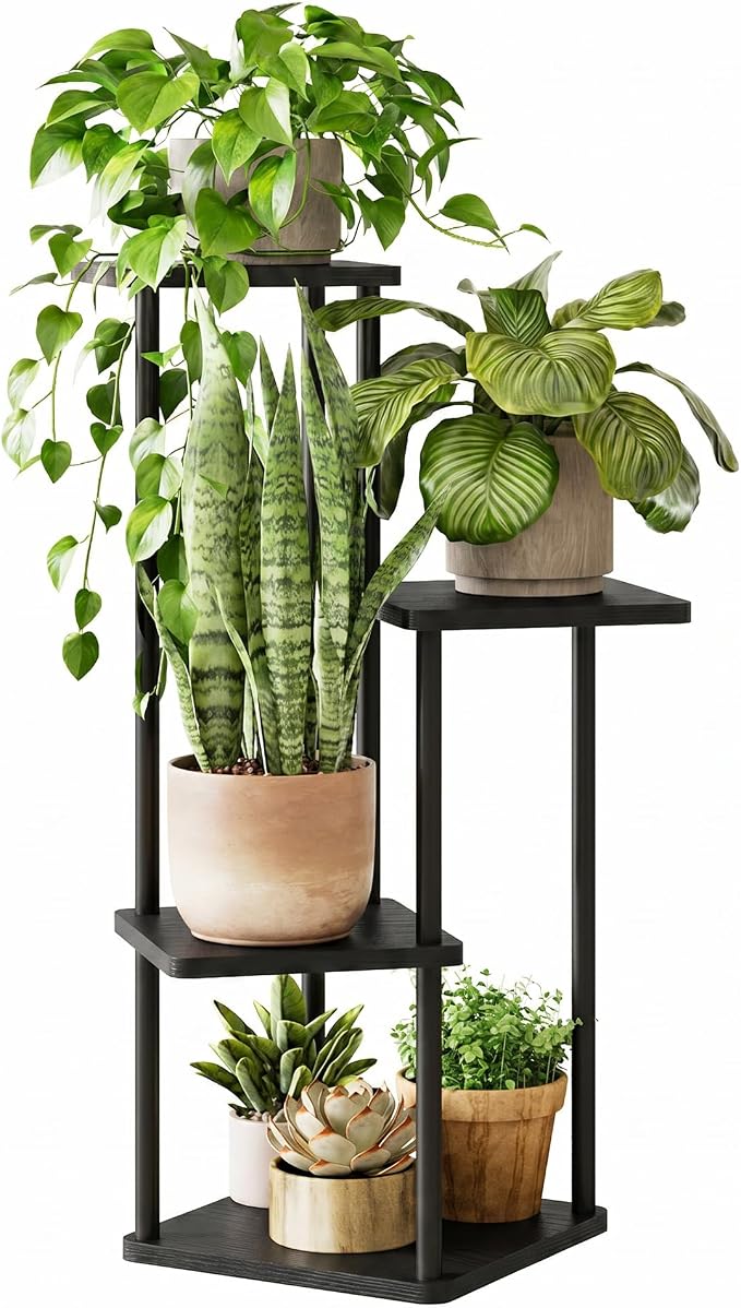 GENTINGBRO Tall Plant Stand Indoor 4 Tiered Plant Shelf for Multiple Plants Coner Shelf Stand Wood Plant Stand Metal Shelving for Living Room Bedroom Balcony Patio Black