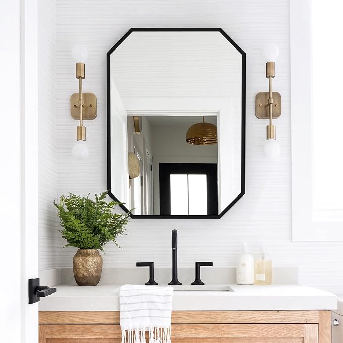 24"x36" Black Octagon Mirror for Bathroom,Black Rectangle Metal Frame Vanity Mirror Wall Mounted Hanging for Bedroom Entryway Living Room Farmhouse Horizontal/Vertical