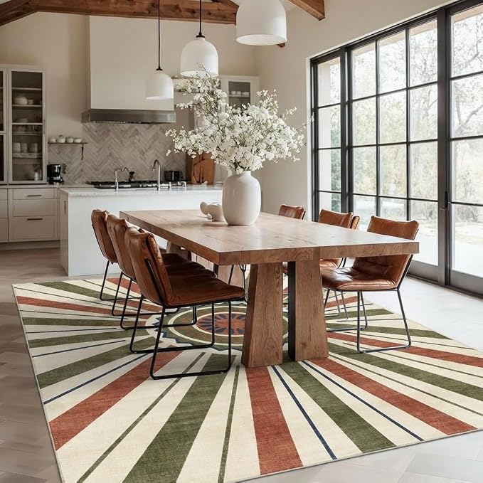 5x7 Retro Sunburst Medallion Area Rug - Non-Slip Washable Low Pile, Rust Red Olive Green Navy Pattern Carpet for Bedroom, Living Room, Dining Area, Home Office