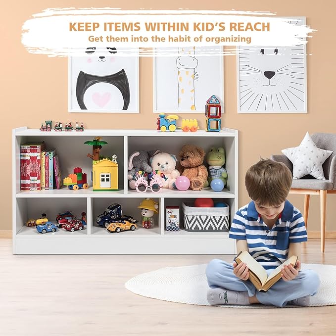 KOTEK Toy Storage Organizer, 5 Cubby Kids Bookshelf, Wooden 3-Tier Bookcase Storage Cabinet, Open Display Book Shelf for Daycare, Nursery, School Classroom, Living Room & Bedroom (White, 5 Cubes)