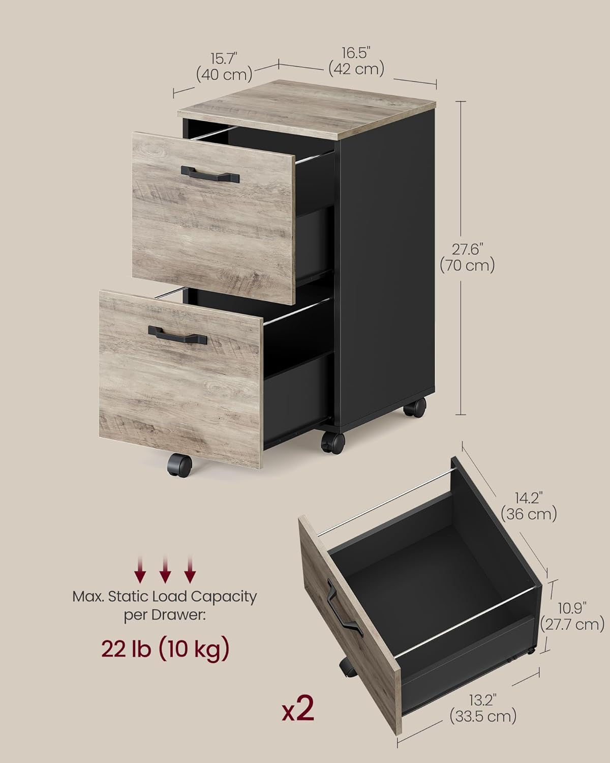 VASAGLE 2-Drawer File Cabinet - Compact Rolling Filing Cabinet for Home Office | A4 & Letter Size, Heather Greige & Ink Black, 15.7 x 16.5 x 27.6 Inches