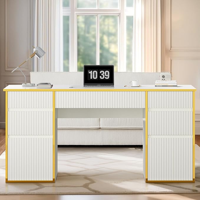 58 Inch White Desk with 7 Drawers, White and Gold Computer Desk with File Drawers for Bedroom, Home Office Desk for Study, Living Room