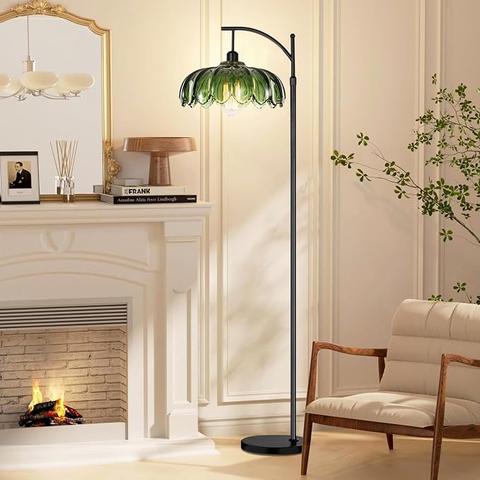 QIYIZM Glass Floor Lamp for Living Room,Bedroom,Gold Dimmable Standing Lamp with Remote,Mid Century Modern Brass Tall Lamp Boho Vintage Retro Floor Lamps Arc Green Flower Floor Light Lamp Bohemian