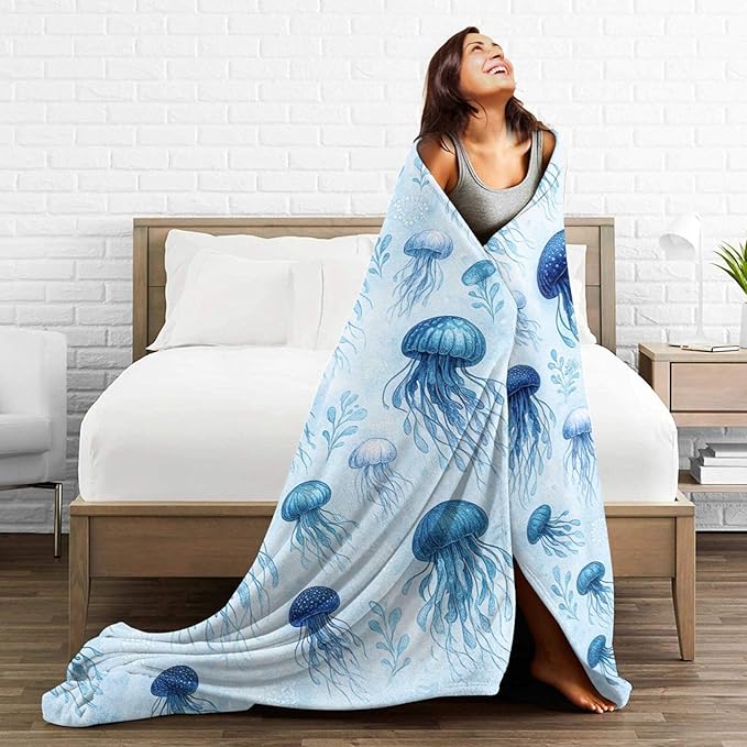 Jellyfish Blanket Marine Life Throw Blanket Blue Ocean Sea Soft Cozy Fleece Sealife Fuzzy Stuffed Plush Animal Flannel Gifts for Girls Women Boys Kids Adults 40''x50''