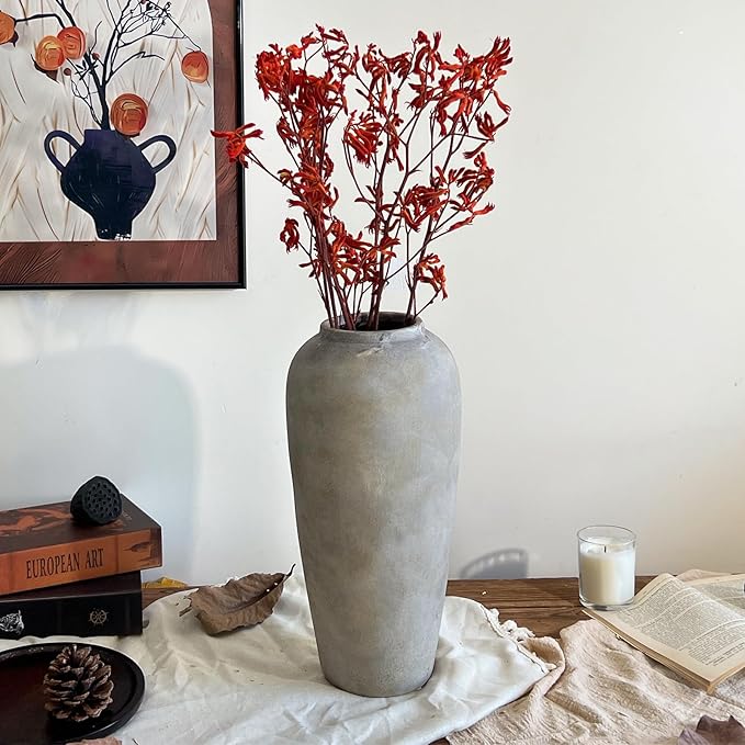 15 Inch Farmhouse Ceramic Rustic Vase, White Grey Flower Vases for Centerpieces & Home Decor, Handmade Pottery Vases for Living Room, Bedroom & Wedding Decor, Vintage Ceramic Vase for Gifts