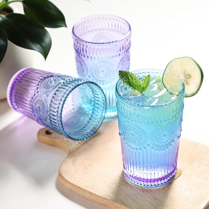 Loivttvv 6pcs Vintage Drinking Glasses Set, 12 oz Glass Cups, Embossed Ribbed Glassware Drinking Glasses for Cocktail, Water, Juice, Coffee, Whiskey