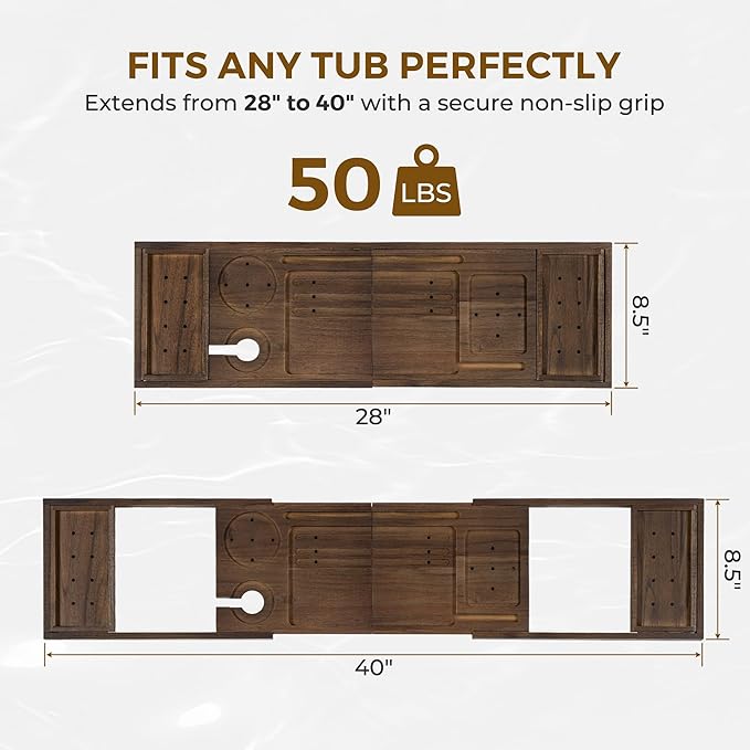 Venusmiles Teak Bathtub Tray Caddy, Foldable Bath Tray with Expandable Handles, Wine Glass and Phone Holders, Book Stand, for Home Spa Relaxation, Luxury Bathroom Accessories - Dark Walnut Color