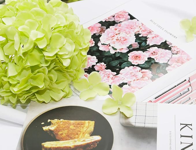 DuHouse Artificial Bigger Silk Hydrangea Flower Heads with Stem Fake Green Hydrangea Flowers for Wedding Home Garden Centerpiece Pack of 6