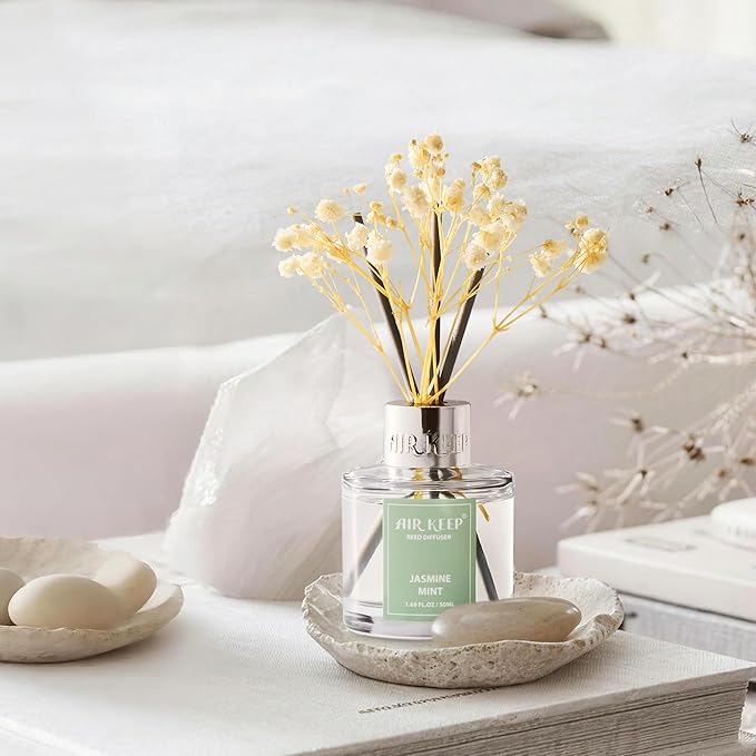 Airkeep Reed Diffuser Set,1.69 fl oz (50 ml) - Jasmine Mint Oil Diffusers with 8 Reed Sticks,Home Fragrance Reed Diffuser for Bathroom Shelf Decor