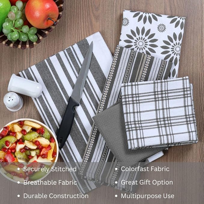 WeWove Assorted Kitchen Towels Set of 5-100% Cotton Dish Cloths Towels with Hanging Loop - Soft Absorbent Washable Reusable for Kitchen Use - Quick Drying 16x26 inch Dish Towels Grey