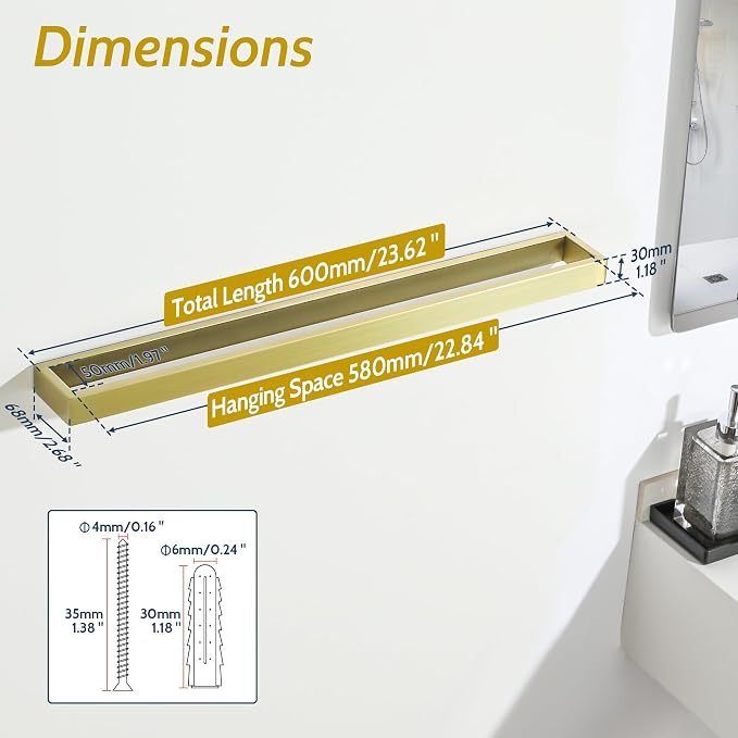 Sayayo Brushed Gold Towel Bar for Bathroom, 24 Inch Hand Towel Holder Wall Mount Square Towel Ring SUS304 Stainless Steel Towel Rack