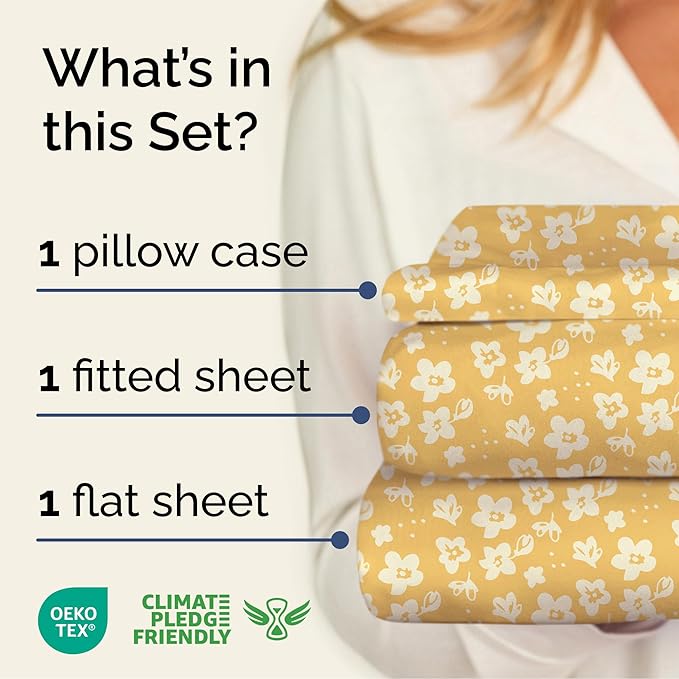 Floral Sheets - Yellow Floral Bed Sheet Set - 1 Flat, 1 Fitted & 1 Pillowcase w/ Deep Pockets - Comfy, Wrinkle & Fade Free - Boho Botanical Bedding - Ultra-Soft, Breathable & Cooling - Twin Size Set