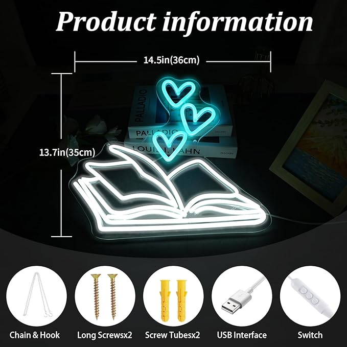 Book Neon Sign for Wall Decor, Reading Book Neon LED Light, Reading Signs for Library, Reading Corner Decor, Bookstore Reading Room Library Museum Study Room Birthday Bedroom-14"x13.7"