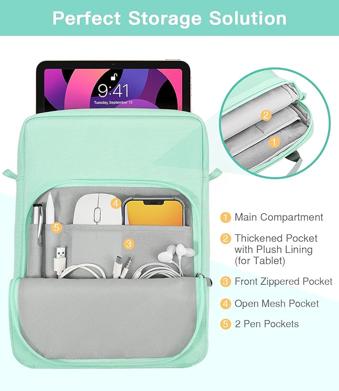 MoKo 9-11 Inch Tablet Sleeve Bag Handle Carrying Case with Shoulder Strap Fits New 11-inch iPad Pro M4/iPad Air M2, iPad 10th 10.9, i-Pad 9/8/7th 10.2, iPad Air 5/4th 10.9, Tab S8/S9 11, Mint Green