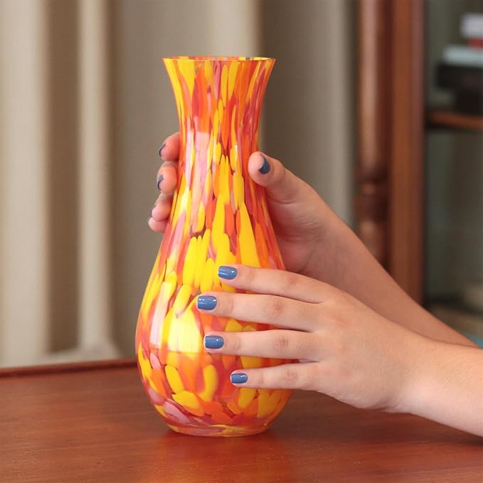 Ca D Oro Glass Vase Orange/Yellow Confetti Effect Hand Blown Murano-Style Art Glass for Flower, Room Decoration and Centerpiece - Model Nº 83