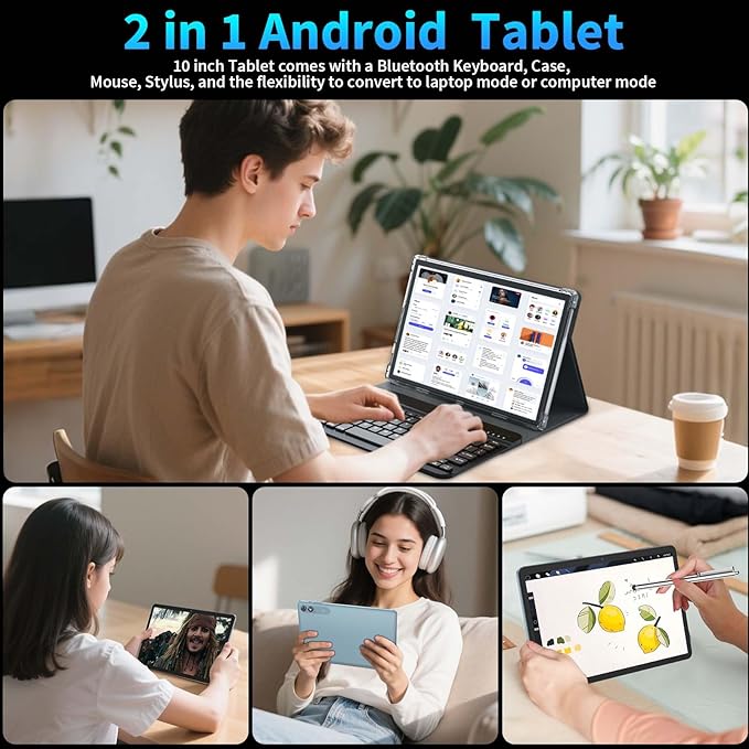2026 10 Inch Tablet, Android 15 Tablet with Keyboard, 24GB+256GB+2TB Expand, 2-in-1 Tablets with 8-Core, 5G WiFi, 8000mAh, BT5.0, GMS, GPS, Gemini AI, Tablets PC with Mouse, Case, Stylus (Pink)