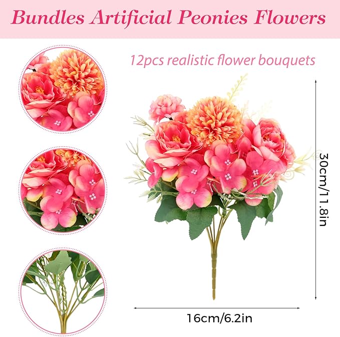 Olgaa 12 Bundles Peonies Artificial Flowers Silk Flowers Fake Peony Bouquet Faux Peonies Flowers Bulk for Wedding Decor Centerpiece Table Decorations (Red)