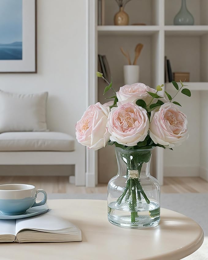 Lifelike Artificial Light Pink Rose Bouquet in Vase - 3D Petals & Stem Design - Table Centerpiece for Wedding, Restaurant, or Home Dining Room
