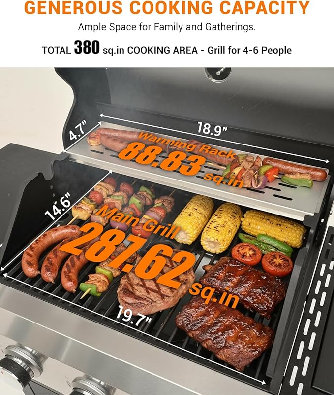 EUHOME 40,500 BTU 3-Burner Propane Gas Grill with Side Burner,Stainless Steel Outdoor BBQ Grill Portable with Wheels and Cast Iron Grates for Patio Garden Barbecue Cooking