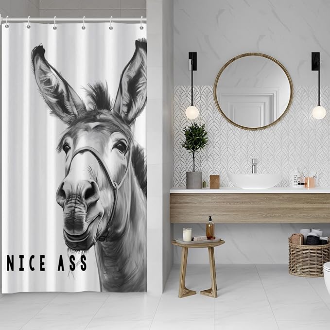 Funny Donkey Shower Curtains Joke Hilarious Animal Bathroom Curtain Rustic Farmhouse Cute Donkey White Shower Curtain Sets for Bathroom Extra Long 54x72 in with 10 Hooks