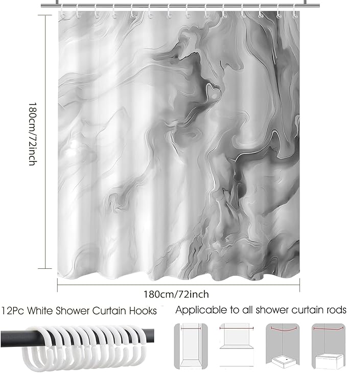 Mocsicka Shower Curtains for Bathroom, Grey Marble Shower Curtain for Bathroom, Abstract Gray and White Shower Curtain Modern Art Decor Waterproof Bath Curtain for Modern Bath Decor, 72 X 72 Inch