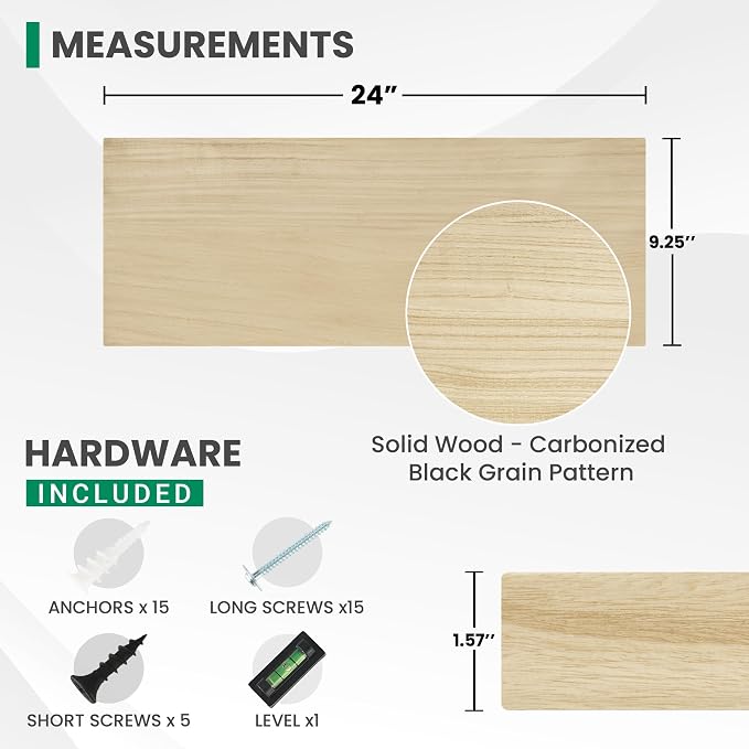 Wood Floating Shelves For Wall, 24”W x 9”D x 1.56”H Deep Wood Wall Shelves for Living Room Bedroom Bathroom Kitchen Drcor Storage with Invisible Heavy-Duty Metal Bracket, Natural Finish, Set of 2