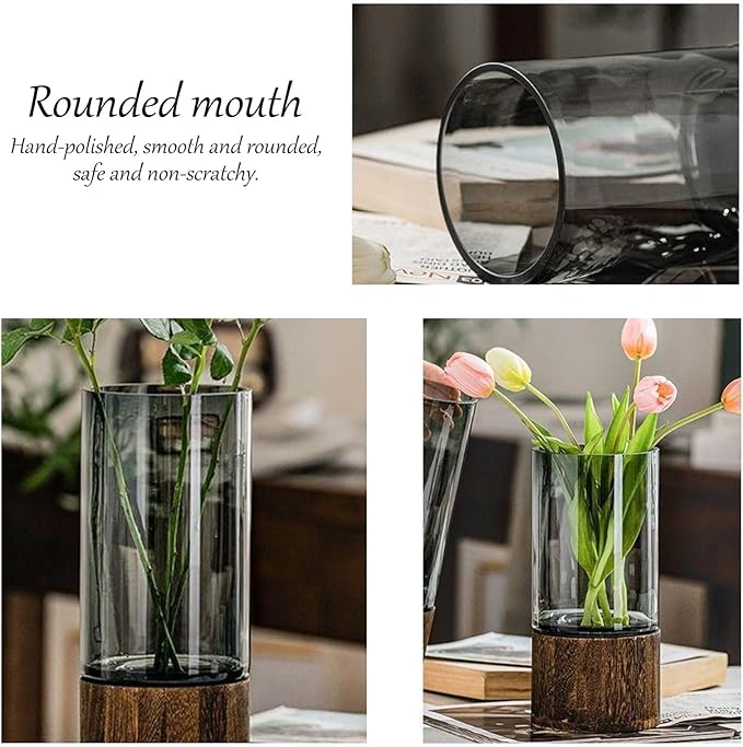 Wooden Vase, Glass Vase with Wooden Base Cylindrical Flower Vase, Classic Boho Rustic Style for Fireplace Bedroom Kitchen Living Room Centerpieces Office Desk, 10" H (Glossy)