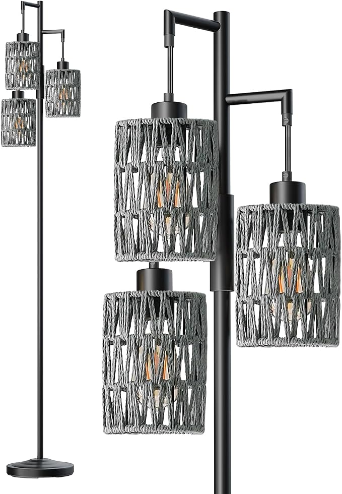 Oneach 70" Floor Lamps for Living Room, Stepless Dimmable Boho Floor Lamp with 3 Bulbs, Tall Farmhouse Industrial Corner Standing Tree Lamp for Bedroom, Office, Study Room, Black with Grey Shades