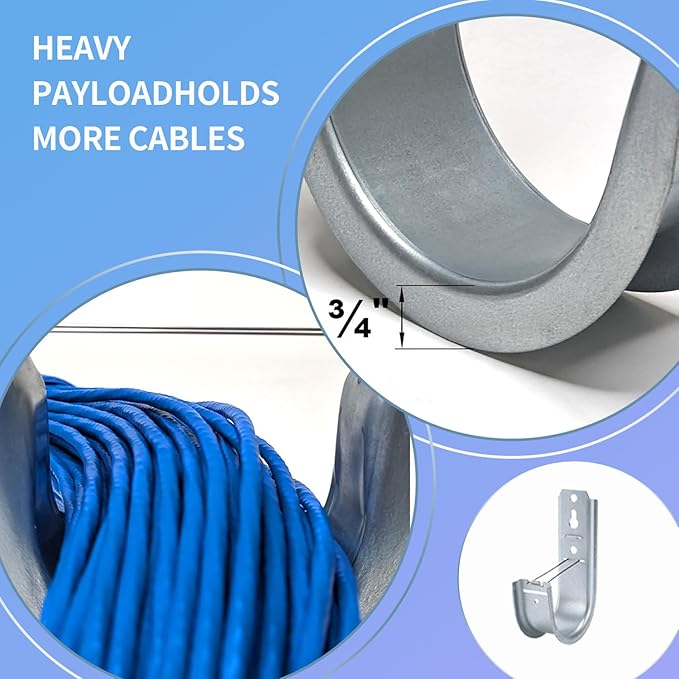 KUAGINZUHE 100 Pack 2-Inch Galvanized Steel Cable Support J-Hooks with Retainer Clips - Heavy Duty Wall Mount Cable Management Hooks for Structured Cabling & Organization