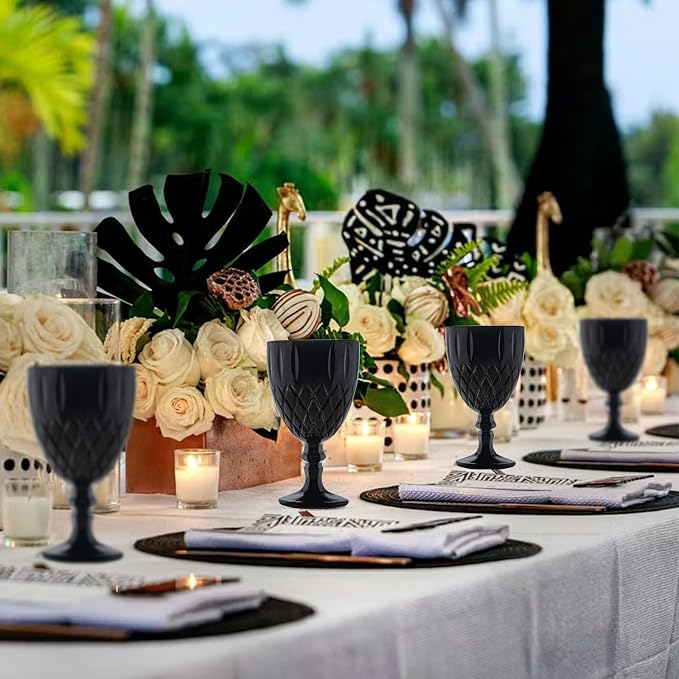 Black Vintage Wine Glasses Set of 6, 11 Ounces Colored Glass Water Goblets, Colorful Unique Embossed Pattern High Clear Stemmed Glassware Wedding Party Bar Glass Drinking Cups Fancy Glasses