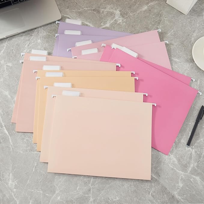 Beramon Hanging File Folder Kit Includes 1 Rose Gold Hanging File Desk Organizer and 24 Pack Hanging File Folders Letter Size with 1/5 Cut Tabs Design for School Office Home Supplies, Pink Design