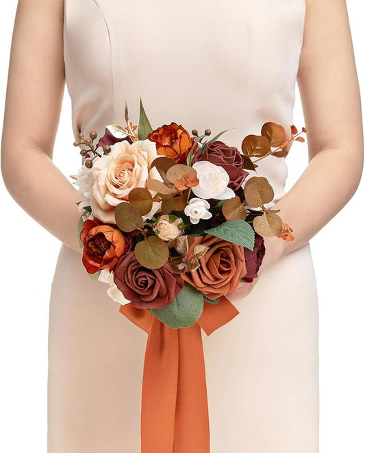 Ling's moment Terracotta Bridesmaid Bouquet, Burnt Orange Wedding Bouquets for Bridesmaids, 7 Inch Bridal Bouquets for Bridesmaids, Wedding Decor, Ceremony, Anniversary, Homecoming, etc.