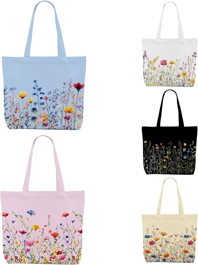 Decohim Multiple Packs Floral Japanese Print Canvas Tote Bag Reusable Grocery Bags Gifts for Women Girls Birthday Christmas